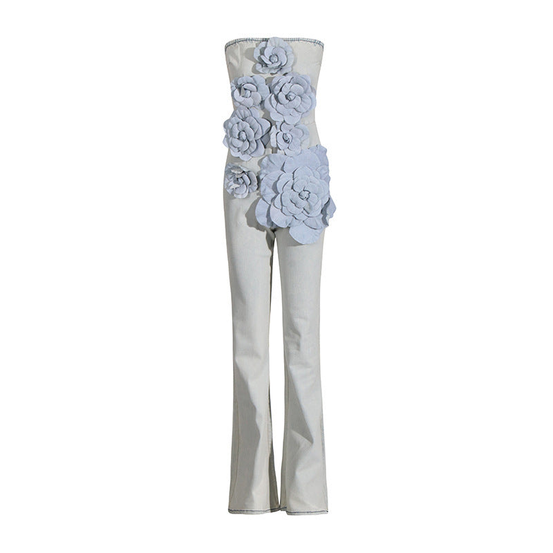 Elegant Commuter Tube Top Three-dimensional Flower High Waist Jumpsuit