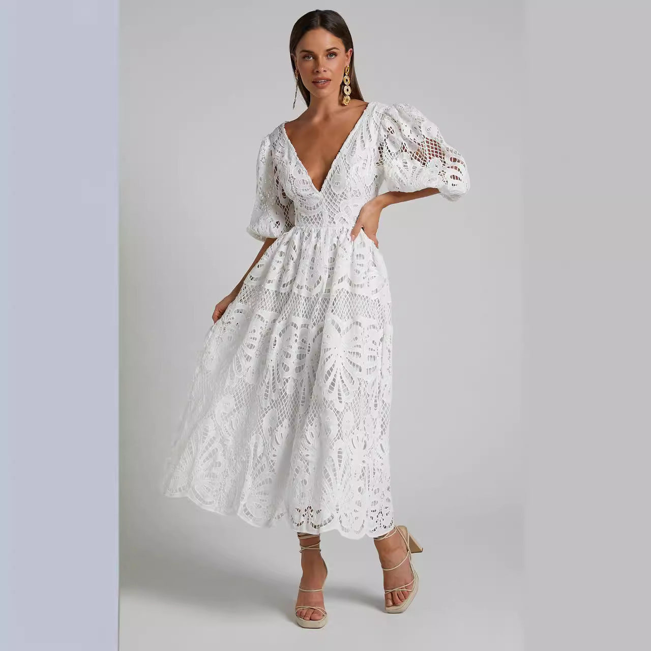Women's Hollow Out V-neck Lace Embroidery Dress