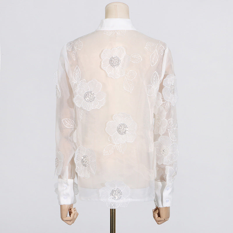 Fashion Polo Collar Heavy Industry Organza Embroidery Three-dimensional Flowers Sequin Stitching Sense Of Design Shirt