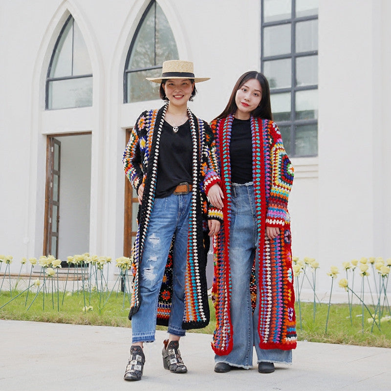 Women's Autumn Hollow Crocheted Ethnic Color Square Wool Sweater Coat