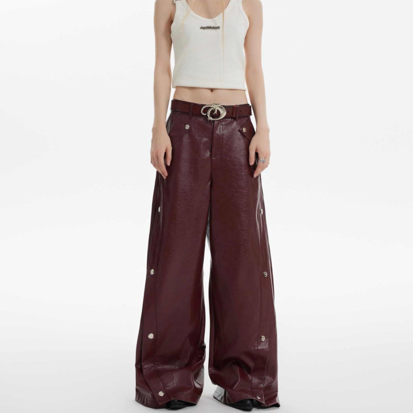 Deconstructing Matte Red Pleated Wide-leg Pants