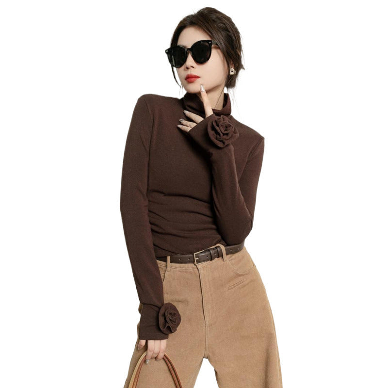 Brown Micro Velvet Lined Turtleneck Bottoming Shirt For Women