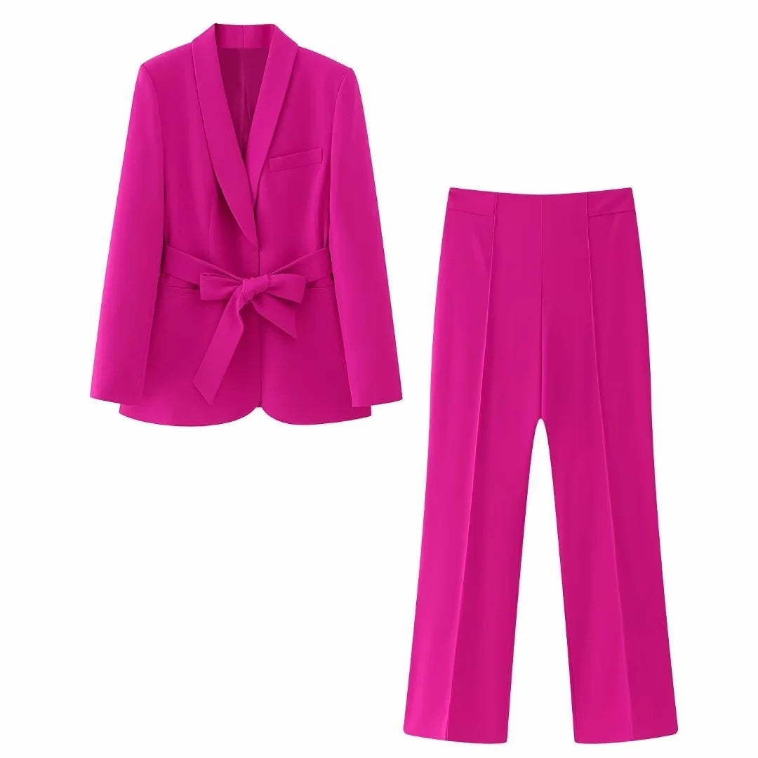 Women's French Style With Belt Dress Small Suit Jacket Casual Trousers