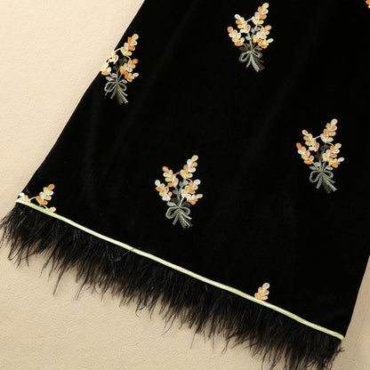 Feather Embroidered Stand Collar Oblique Placket Velvet Dress