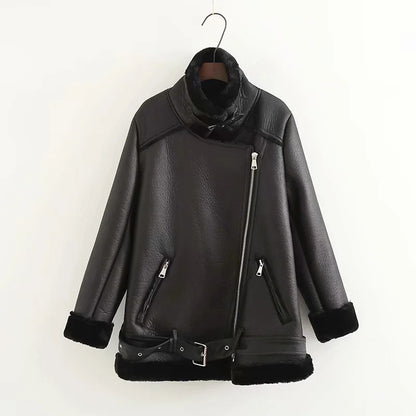 Jacket Tops Women's Trendy Belt PU Leather Jacket