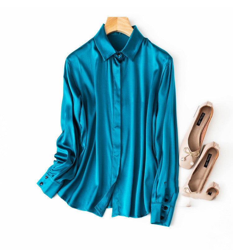 Silk Stretch Plain Crepe Satin Simple Light Luxury Long-sleeved Square Collar Shirt Female Commuter