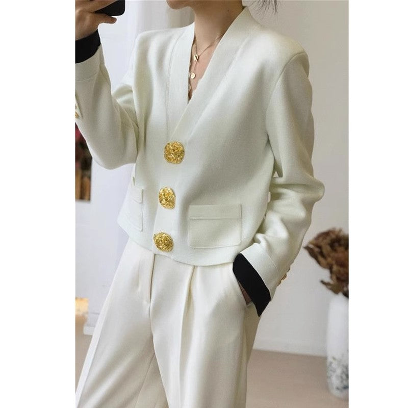 Light Luxury High-grade Knitted Cardigan Golden Buckle V-neck Coat