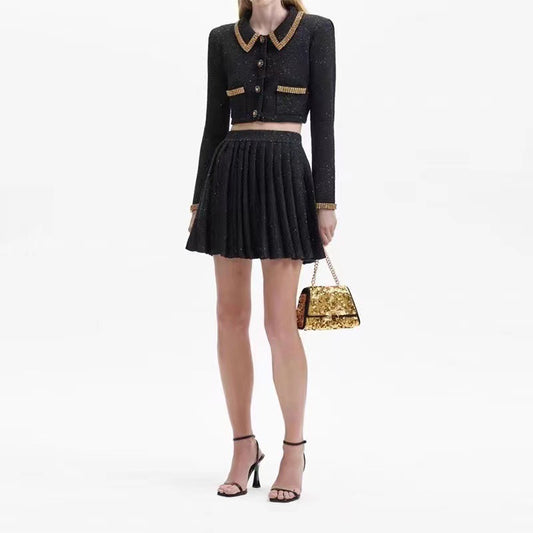 Beaded Sequins Gold Polo Collar Top Plus Pleated Knitted Overskirt