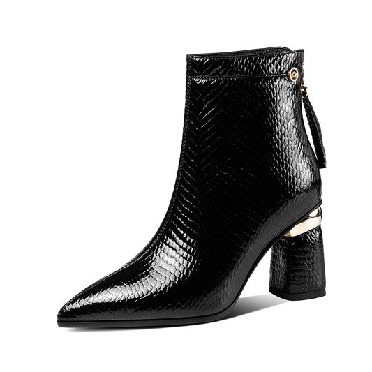 Autumn And Winter Pointed Toe Leather Ankle Boots Women's Thick Heel Zipper High Heels