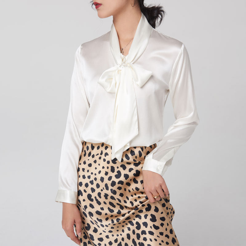 Mulberry Silk Bottoming V-neck Bow Large Ribbon Women's Shirt