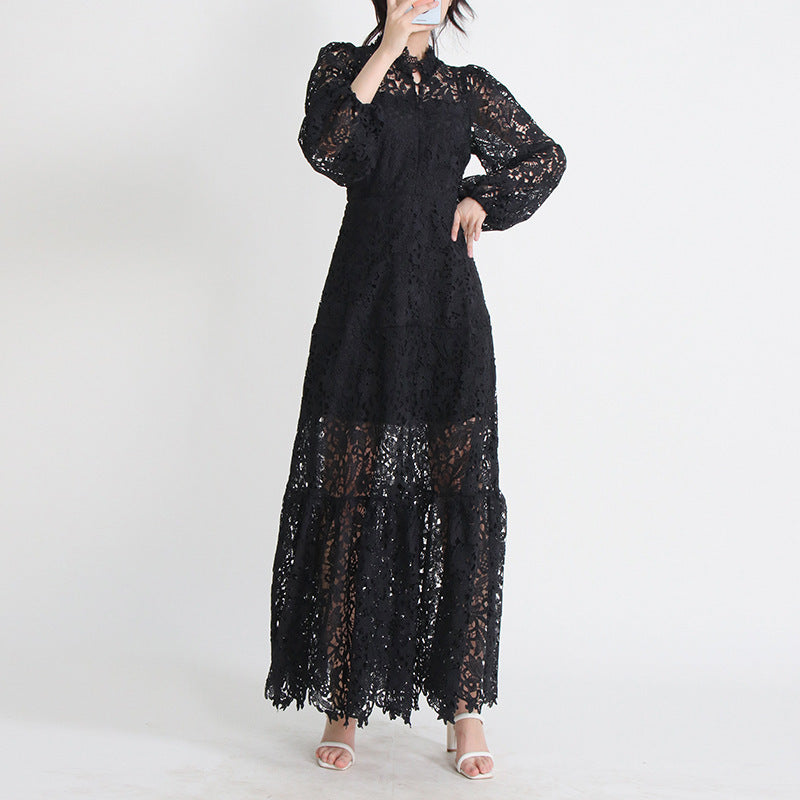 Women's Stand Collar Long Sleeve Waist Long Embroidery Hollow Dress