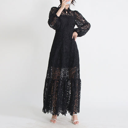 Women's Stand Collar Long Sleeve Waist Long Embroidery Hollow Dress