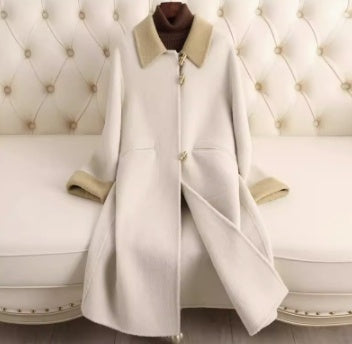 Small Lapel Cashmere Coat For Women's Loose Fitting Medium Length Style