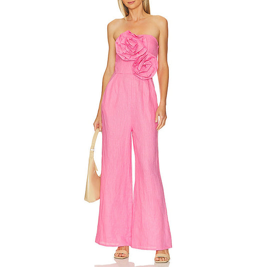 Stitching Flower Tube Top High Waist Slimming And Wide Leg Jumpsuit