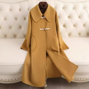 Small Lapel Cashmere Coat For Women's Loose Fitting Medium Length Style