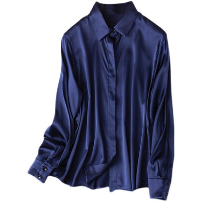 Silk Stretch Plain Crepe Satin Simple Light Luxury Long-sleeved Square Collar Shirt Female Commuter