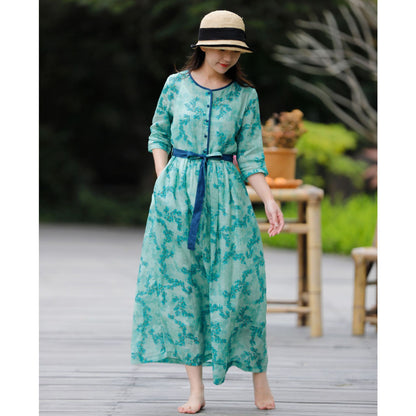 Summer New Cotton Linen Floral Ramie Dress Contrast Color Belt Slim Fit