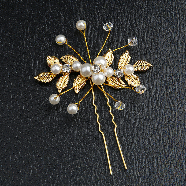 European And American U-shaped Hair Pin Golden Leaf Pearl Hairpin