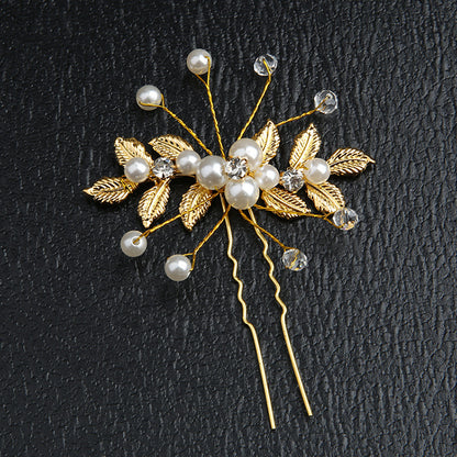 European And American U-shaped Hair Pin Golden Leaf Pearl Hairpin