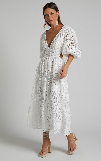 Women's Hollow Out V-neck Lace Embroidery Dress