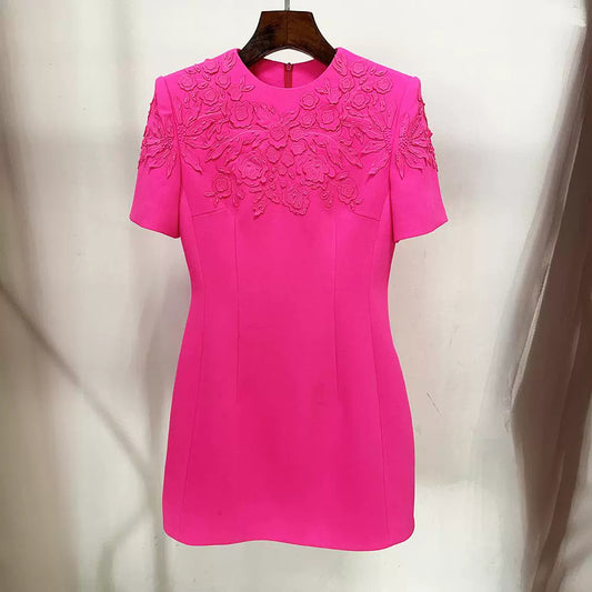 Elegant Heavy Industry Three-dimensional Floral Fluorescent Powder Short Sleeve Dress