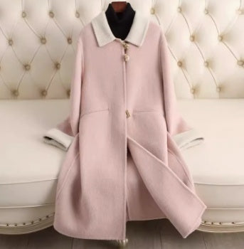 Small Lapel Cashmere Coat For Women's Loose Fitting Medium Length Style