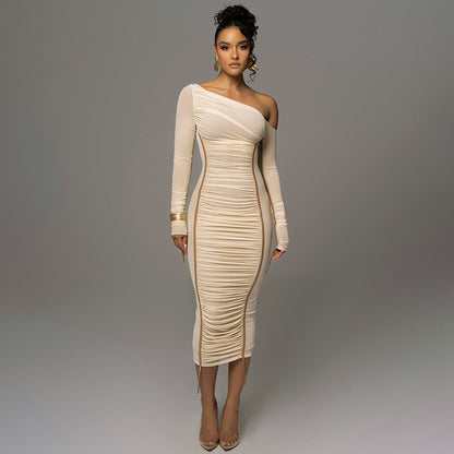 Women's Diagonal Collar Long Sleeve High Waist Mesh Dress