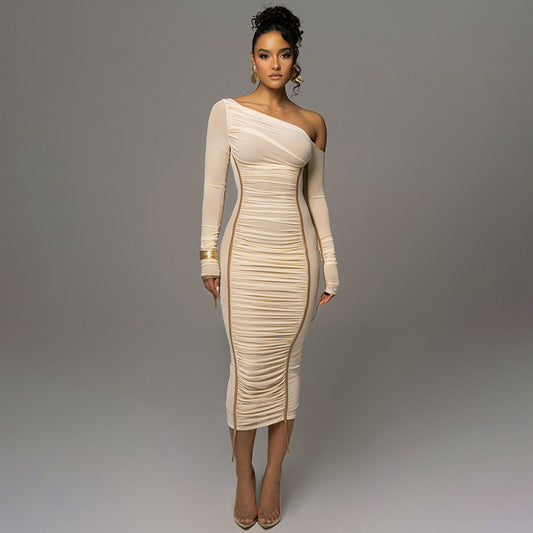 Women's Diagonal Collar Long Sleeve High Waist Mesh Dress