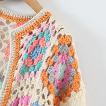 Contrasting Color Square Round Neck Sweater Coat