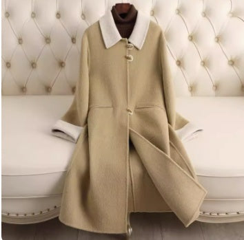 Small Lapel Cashmere Coat For Women's Loose Fitting Medium Length Style