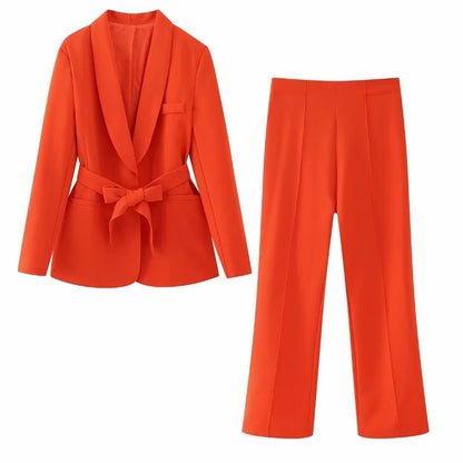 Women's French Style With Belt Dress Small Suit Jacket Casual Trousers