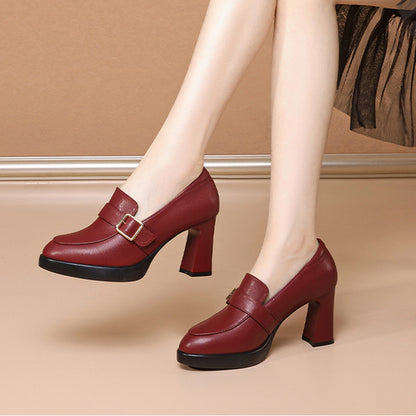 Comfortable European And American Low-cut Fashion Square Buckle British Style High Heels