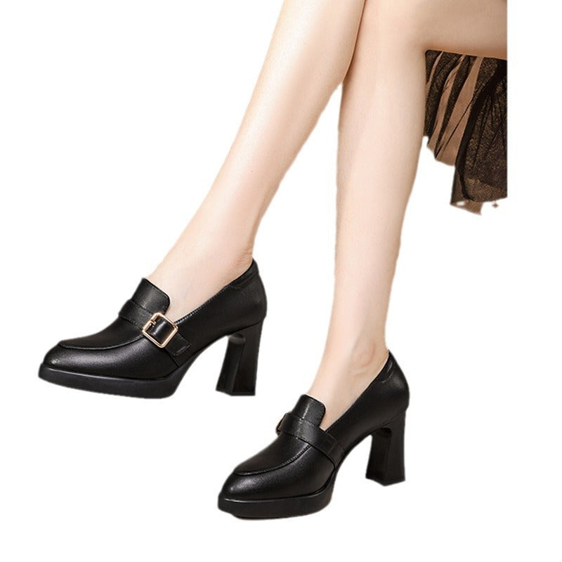 Comfortable European And American Low-cut Fashion Square Buckle British Style High Heels