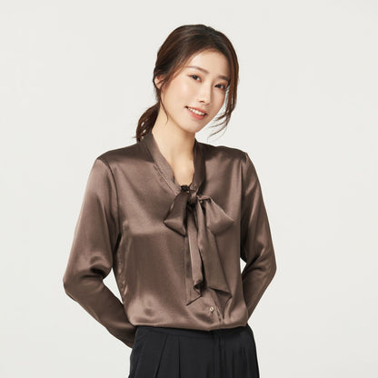 Mulberry Silk Bottoming V-neck Bow Large Ribbon Women's Shirt