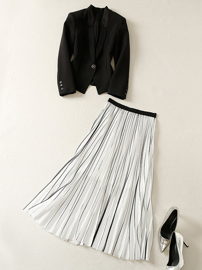 Black Small Suit Coat Two Piece Pleated Half Skirt Set Women