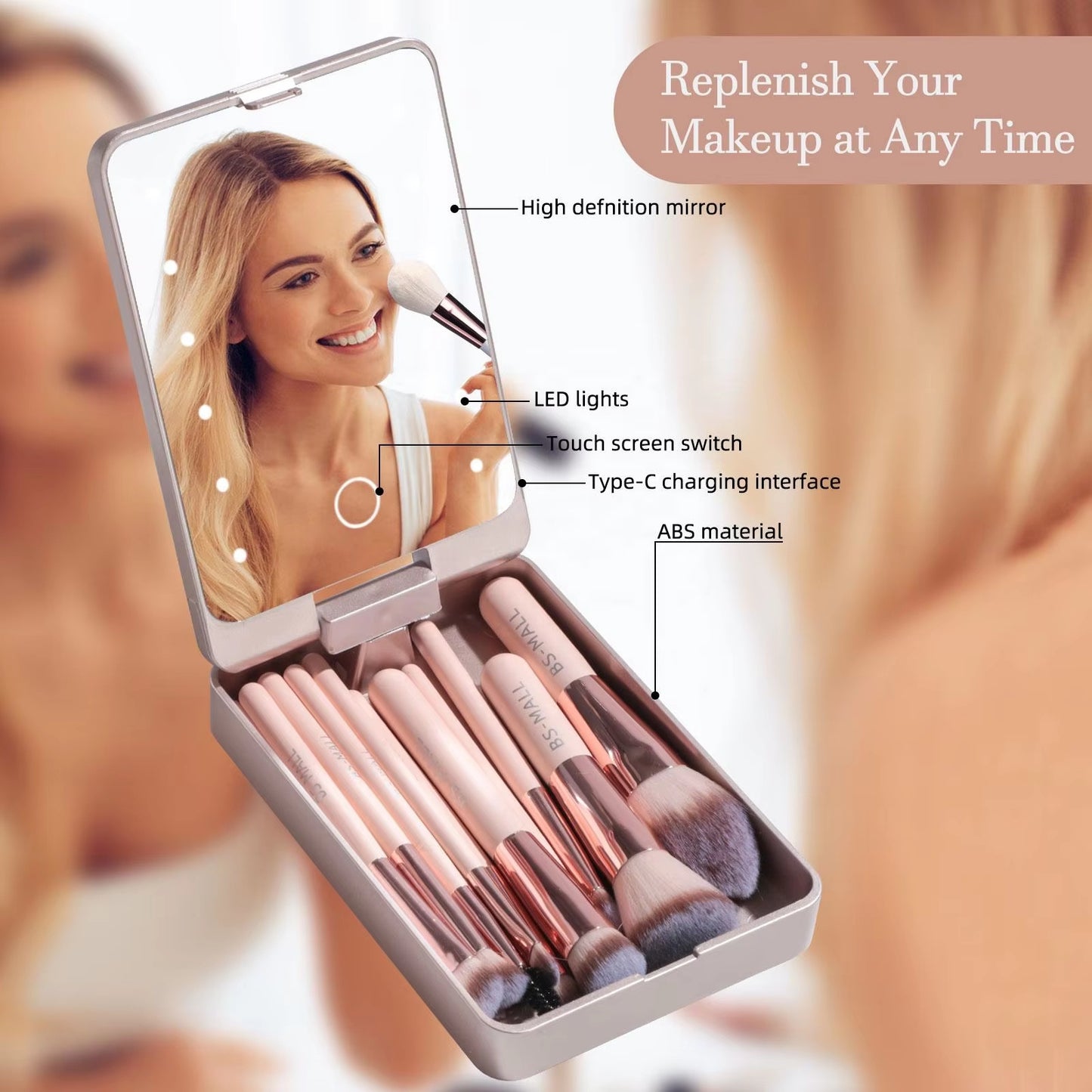 14PCS Travel Makeup Brush Set LED Light Mirror Private Label Portable LED Mirror Cosmetic Makeup Brushes Set