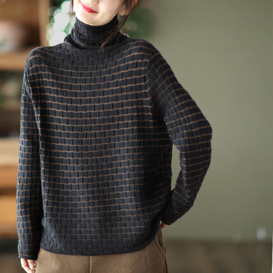 Black With High Collar Bottoming Shirt For Women Autumn Winter Retro 3D Knitting