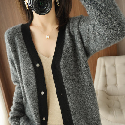 Colorblock V-neck Cashmere Knitted Cardigan Women