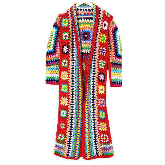 Women's Autumn Hollow Crocheted Ethnic Color Square Wool Sweater Coat
