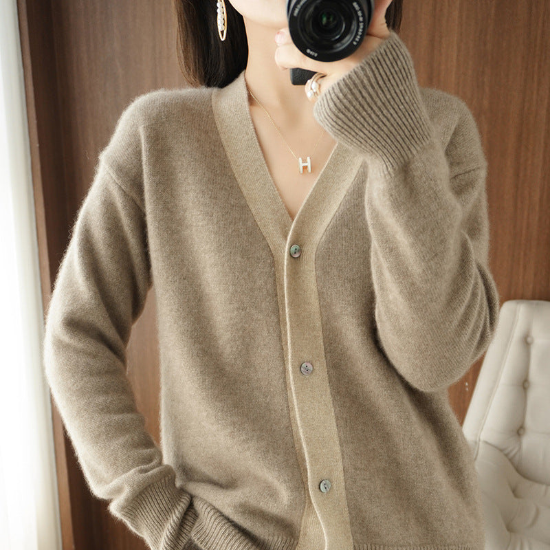 Colorblock V-neck Cashmere Knitted Cardigan Women