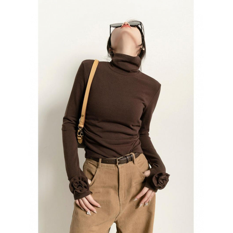 Brown Micro Velvet Lined Turtleneck Bottoming Shirt For Women