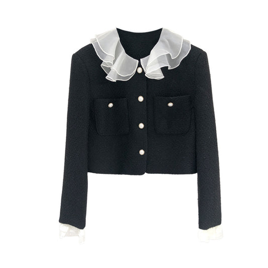 Korean Style French Hepburn Ruffled Tweed Coat Women's Short Coat Women