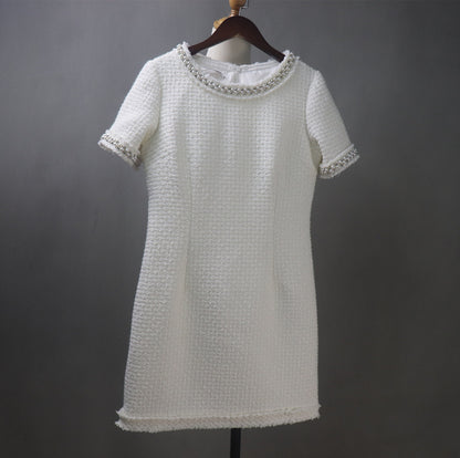 Women's Socialite Chanel Jumpsuit White Wool Short Sleeve Dress