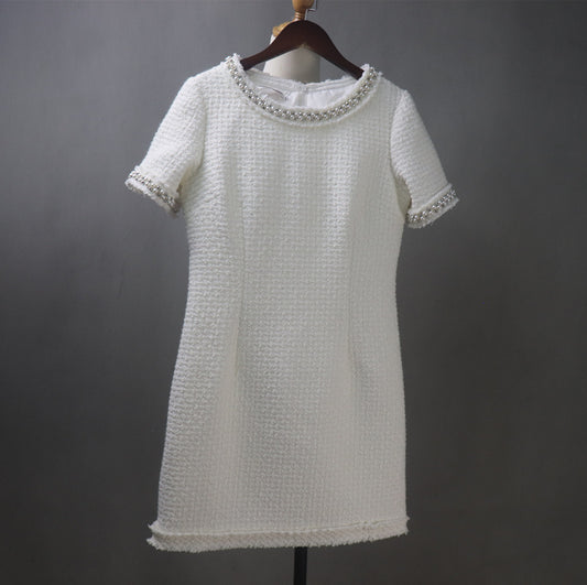 Women's Socialite Chanel Jumpsuit White Wool Short Sleeve Dress