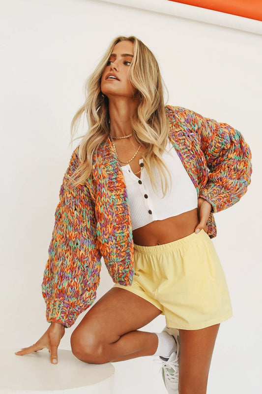 Hand-woven VG Rainbow Woven Lantern Sleeve Knitted Cardigan