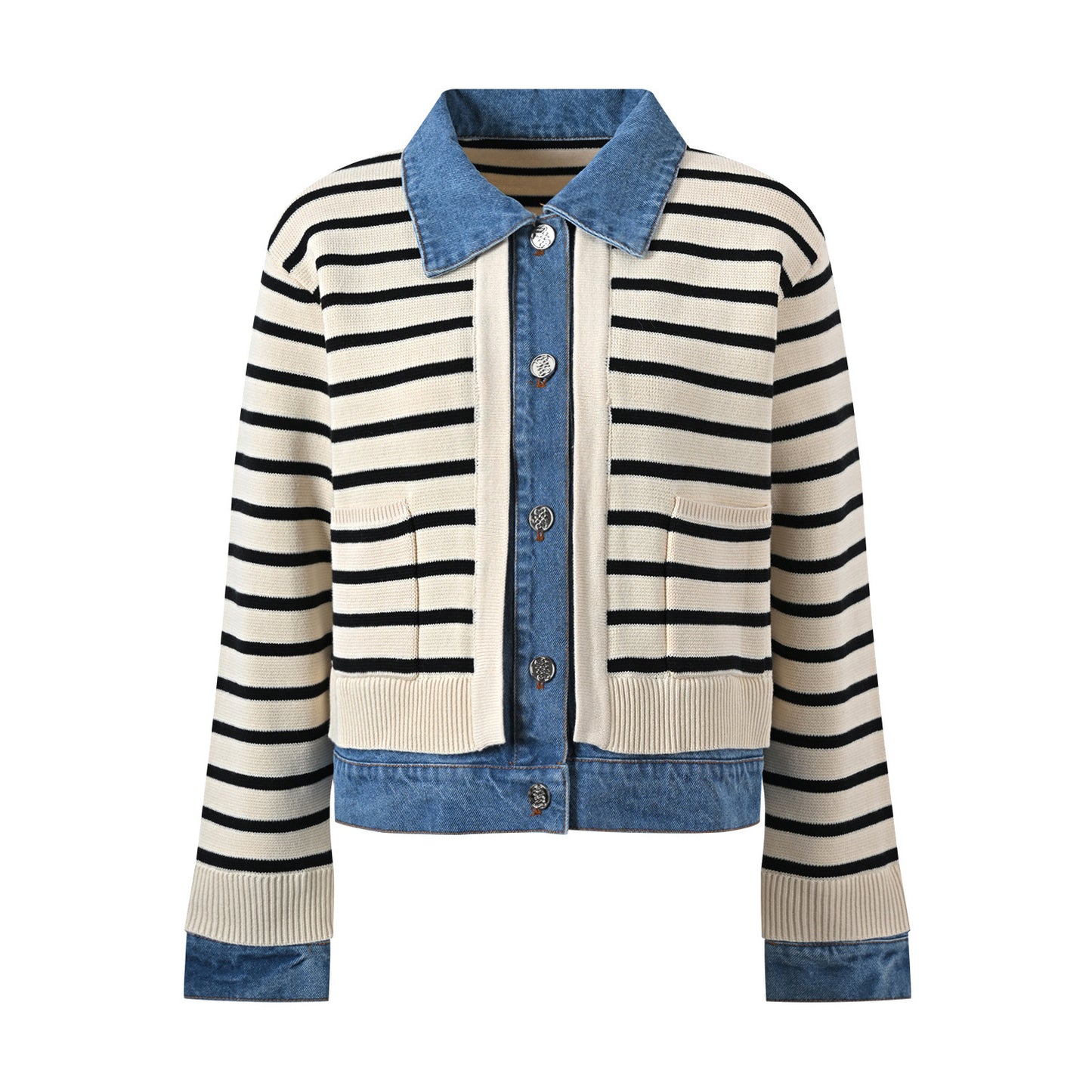 Collar Contrast Color Striped Knitted Short Coat