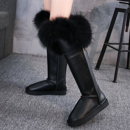 Leather Hair Knee High Boots For Women