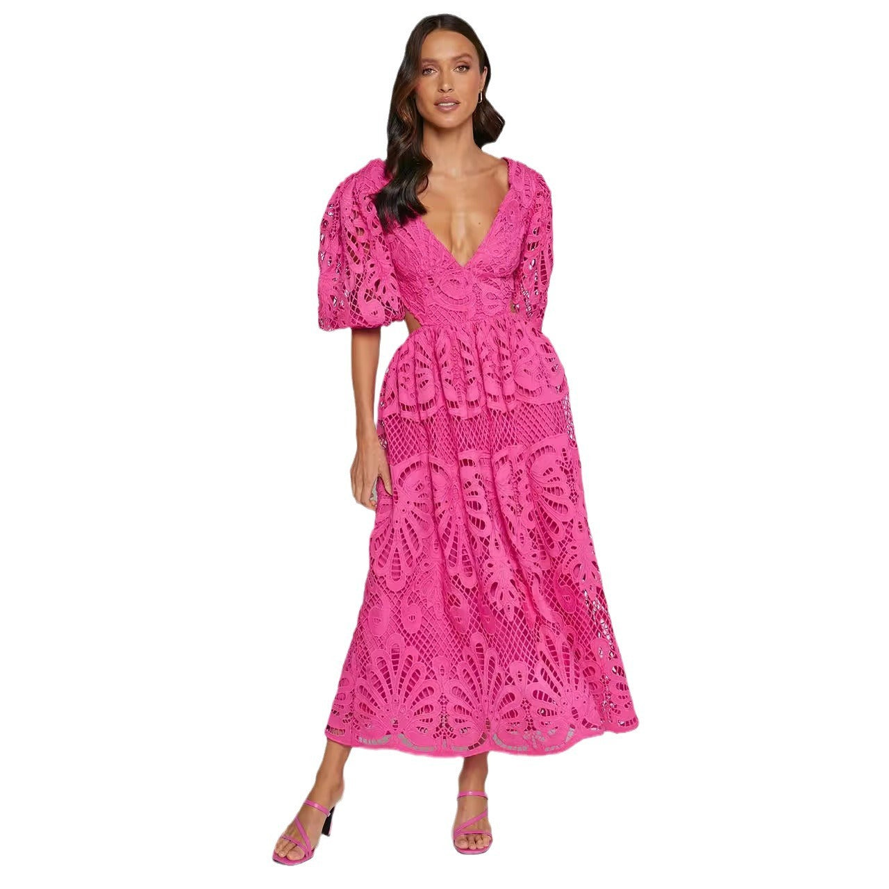 Women's Hollow Out V-neck Lace Embroidery Dress