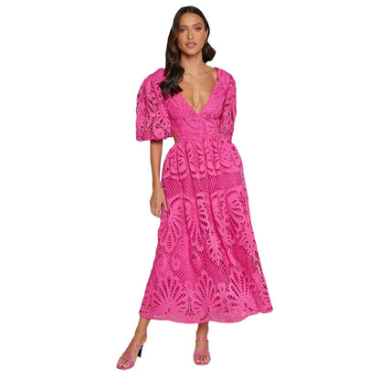 Women's Hollow Out V-neck Lace Embroidery Dress